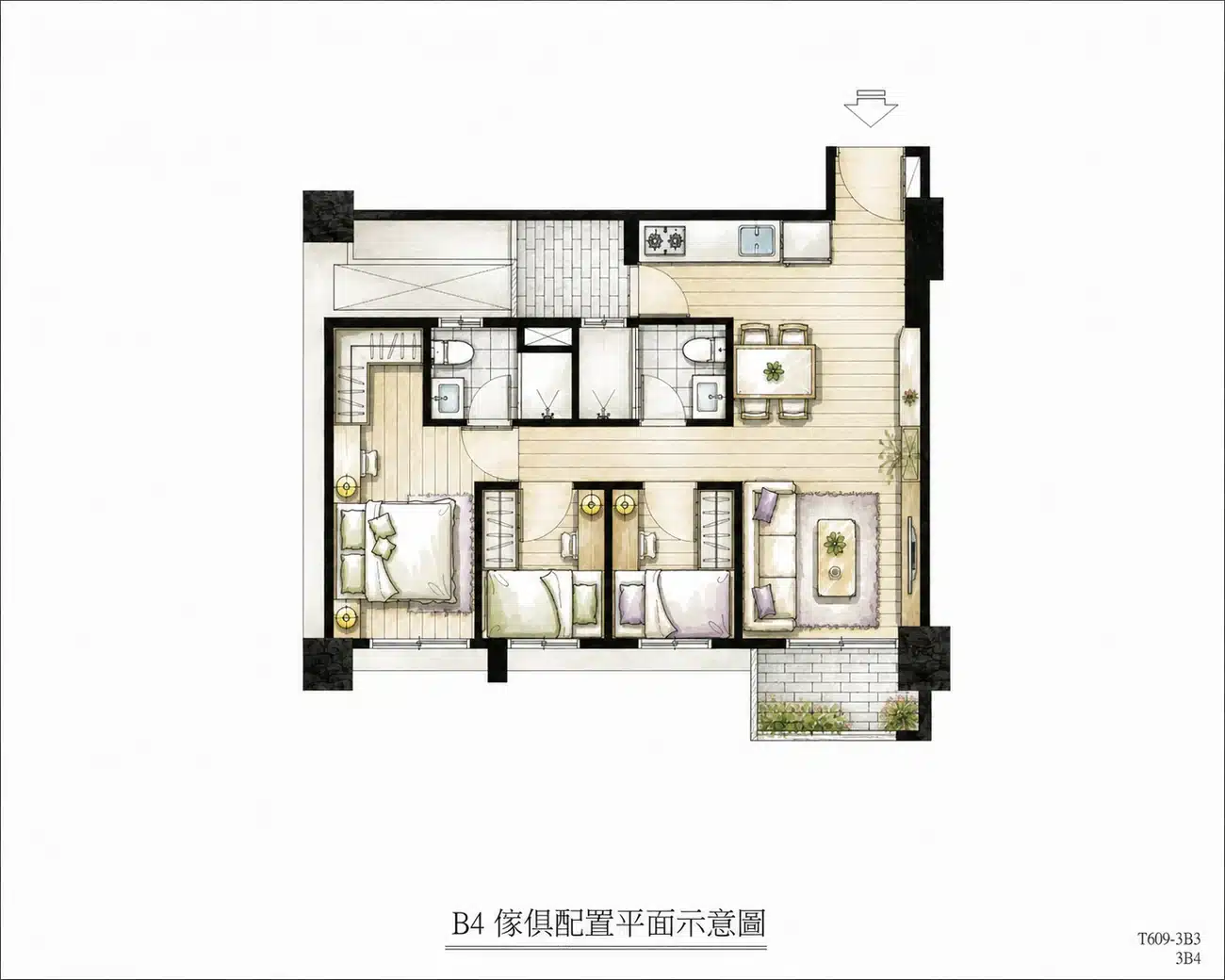 佳瑞森城B4戶30.11坪3房雙衛傢俱配置平面示意圖