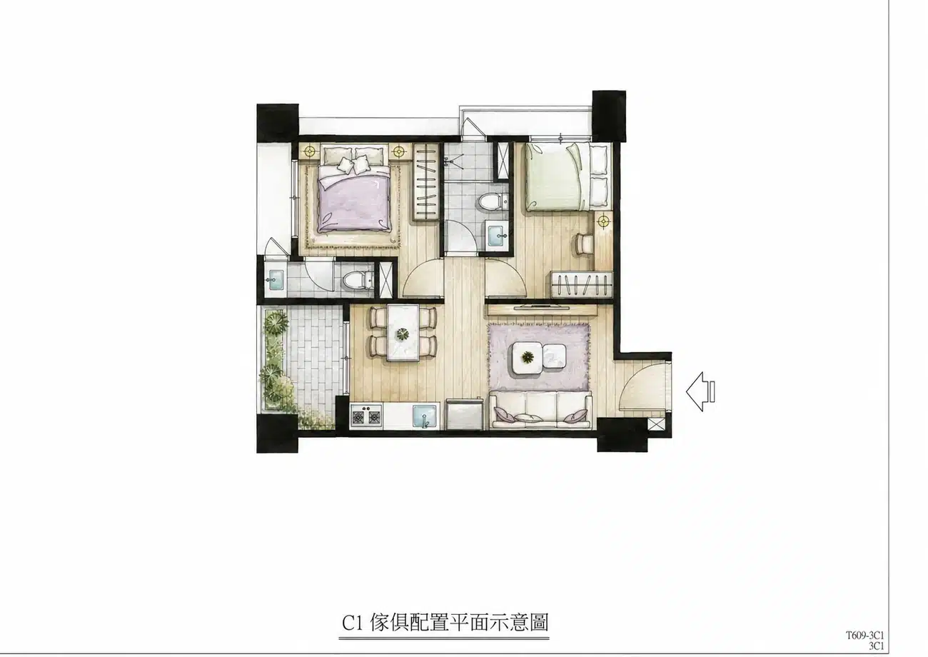 佳瑞森城C1戶22.6坪2房雙衛傢俱配置平面示意圖