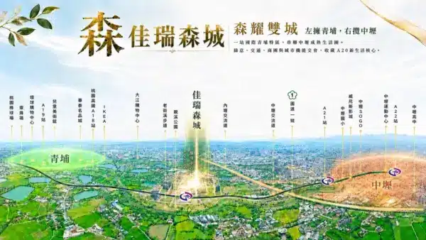 佳瑞森城區位空拍圖，標示青埔、中壢兩大生活圈與周邊地標