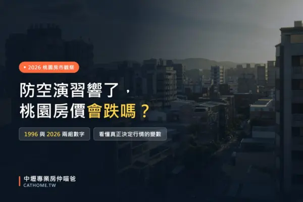 桃園中壢住宅大樓街景，文章主題為防空演習與桃園房價走勢分析