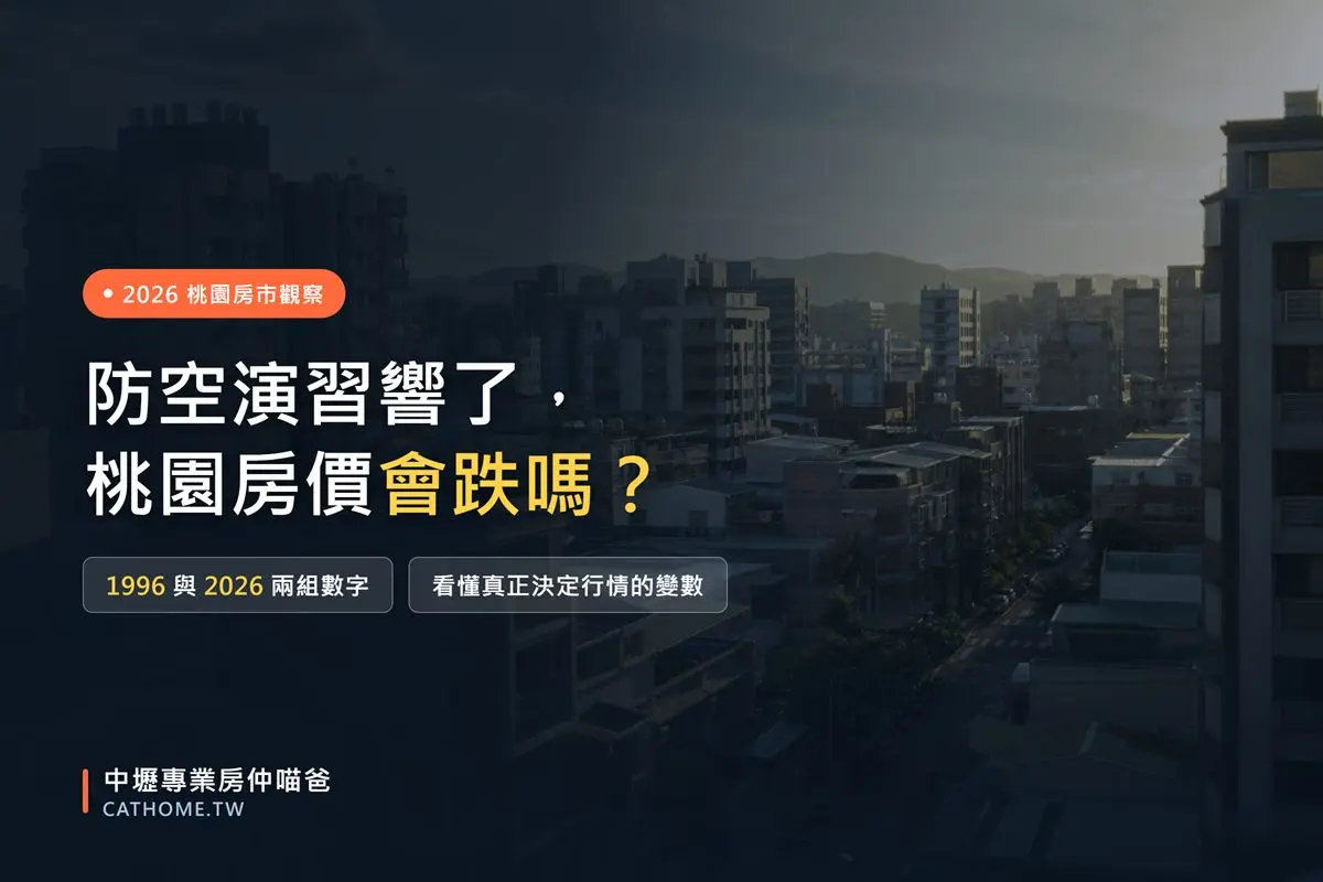 桃園中壢住宅大樓街景，文章主題為防空演習與桃園房價走勢分析