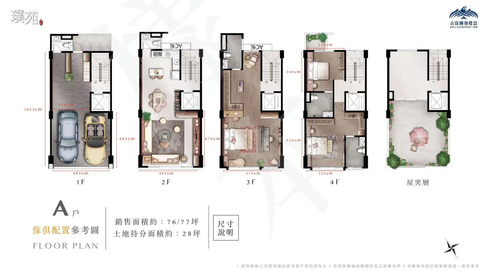 吉富璞苑A戶傢俱配置參考圖－銷售面積約76至77坪、土地持分約28坪，一樓車庫可停兩台車