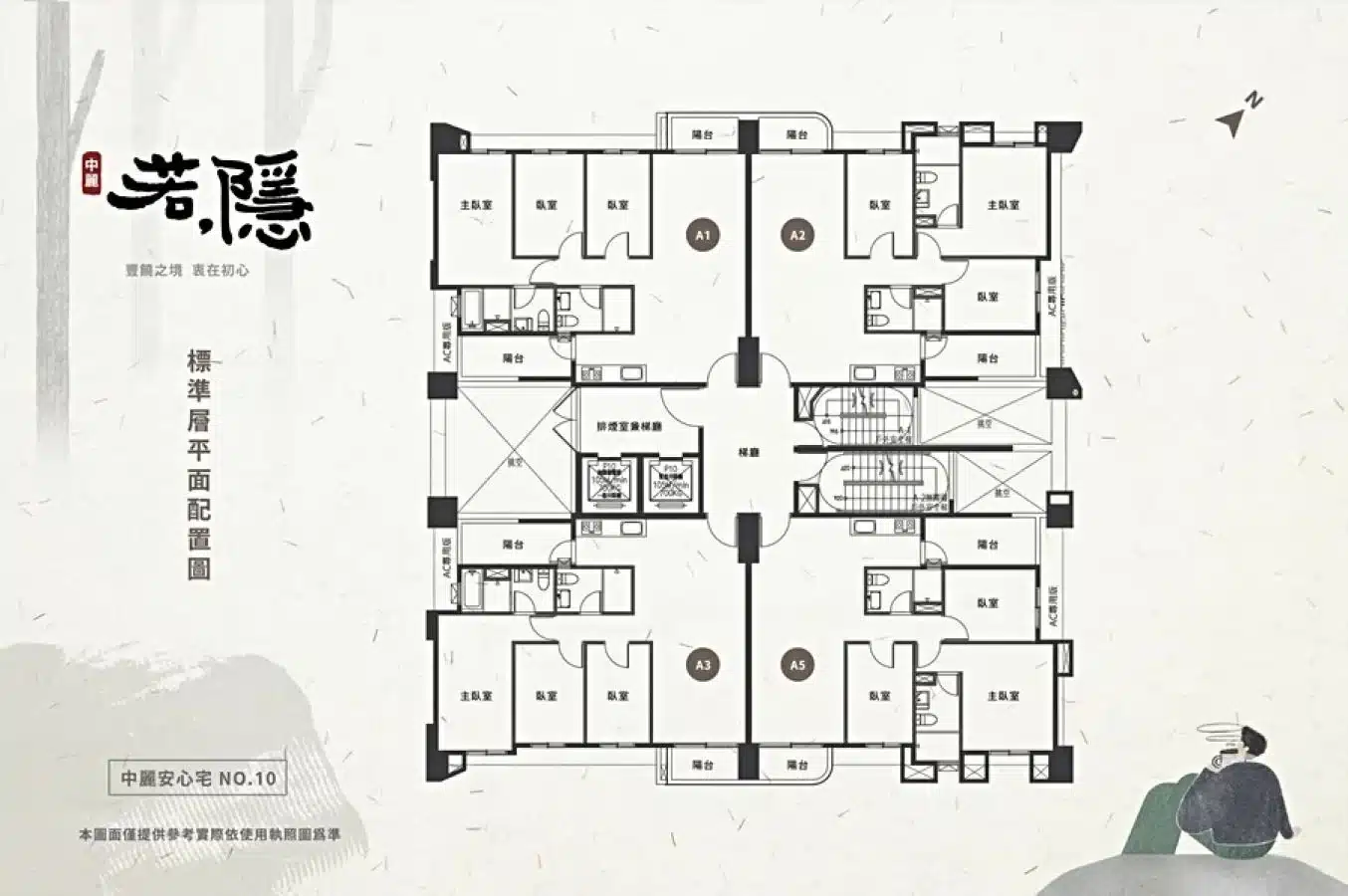 中麗若隱標準層平面配置圖－單層四戶、雙梯核心